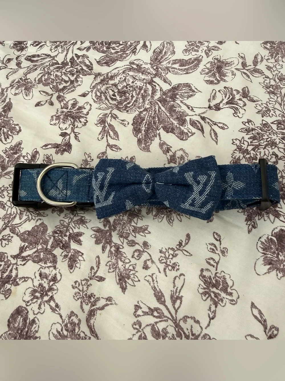 Denim Monogram Bow Dog Collar size L